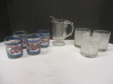 Four Pepsi Tumblers, Three Whiskey Glasses and Syrup Pitcher