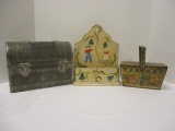 Vintage Tin Lunch Box, Hand Painted Wall Pocket and Lidded Box