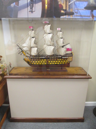 Victory Model Ship in Display Case on Wood Stand