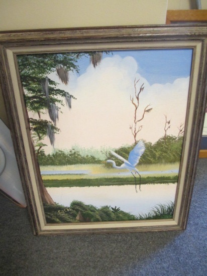 Framed Crane Oil on Canvas Signed Ellen