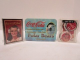 Coca Cola Metal Trading Cards in Tin, & 2 Packs Collector Cards