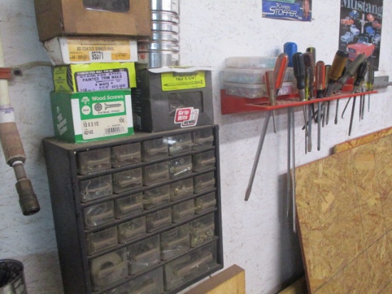 Nut & Bolt Cabinet and 2 Tool Racks with Contents