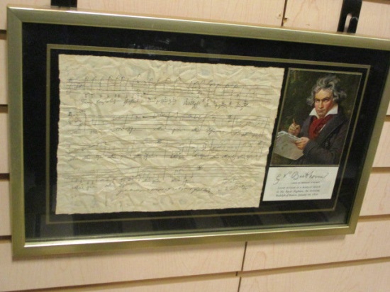 Framed and Matted Beethoven Print of Letter Written as a Musical Sketch in 1820