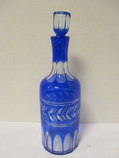 Czech Etched Blue Glass Decanter
