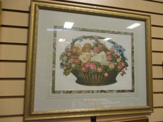 Framed and Matted Girls in Flower Basket Print