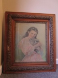 Old Framed Picture of Girl w/ Bunny 