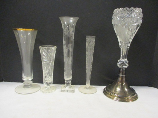Five Crystal Bud Vases - One with Silverplated Base