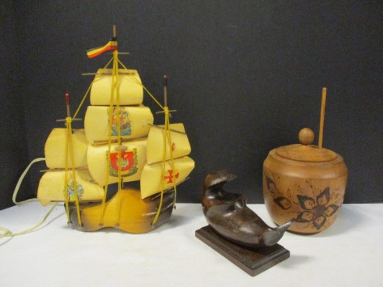 Wooden Seal on Base, Wooden Lidded Container with Dipper, Wooden Shoe Clipper Ship Lamp