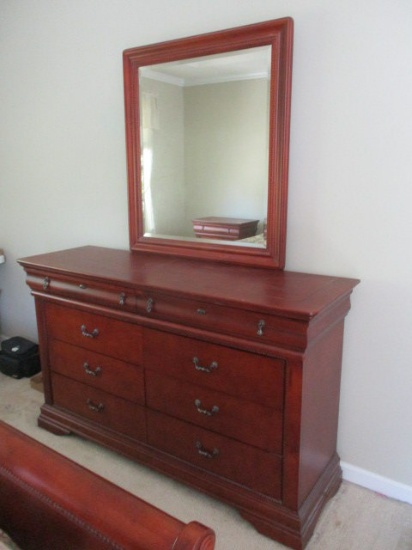 Eight Drawer Dresser with Framed Beveled Mirror