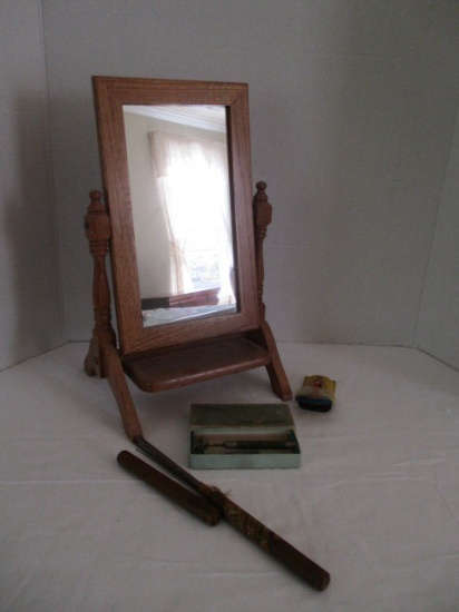 Wooden Shaving Mirror, Vintage Knitting Needle Set, Christy Safety Razor in Box, Bathing Beauty Clac