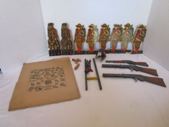 Vintage Wooden Paper Doll Style Confederate Soldiers, Toy Guns, Windup Monkey with Cymbals and