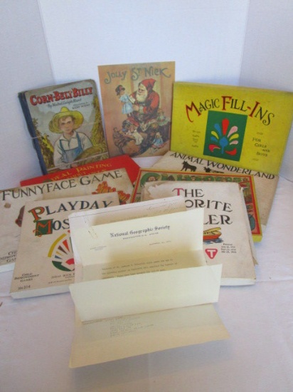 Seven Vintage Children's Games in Boxes, Two Vintage Books