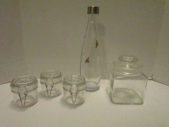 4 Canisters & Decanter w/Gold Bee Accents