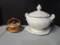 Signed Pottery Tureen with Lid and Underplate