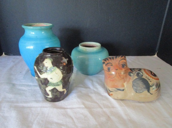 Pisgah Forest Pottery Vase,  2 Pottery Vases and Cat