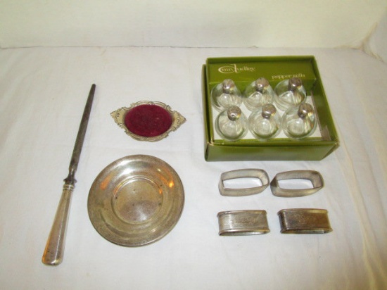 Sterling - Glass Salt Shakers, Napkin Rings, Dish, Pin Cushion and Honning Steele