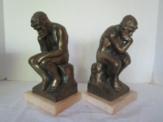 Pair of Bronze "The Thinker" Bookends on Stone Bases
