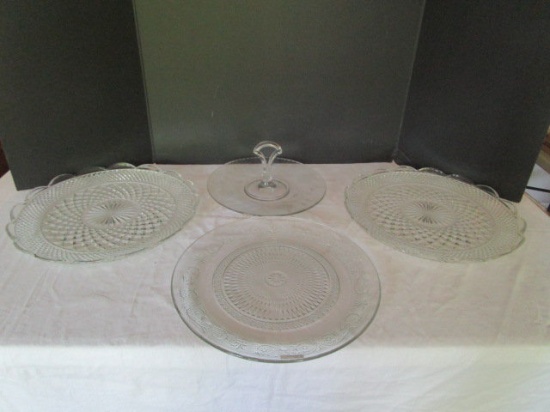Three Glass Platters and Etched Glass Tidbit Tray with Handle