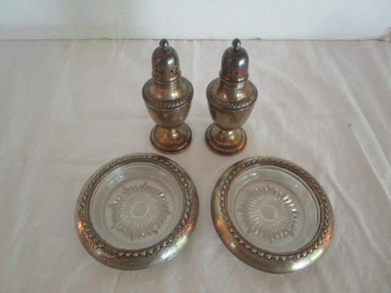 2 Sterling and Glass Coasters and Pair of Sterling Muffineers