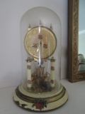 Vintage German Anniversary Style Clock with Metal Base, Glass Dome