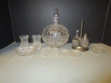 Crystal Covered Dish,  Small Vases, Salts, Silverplate Holder with Four Miniature Glass Servers