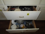 2 Large Drawers Contents - Pots and Pans, Ladles, Dansk Sauce Pots, Bundt Pan, Loaf Pans etc.