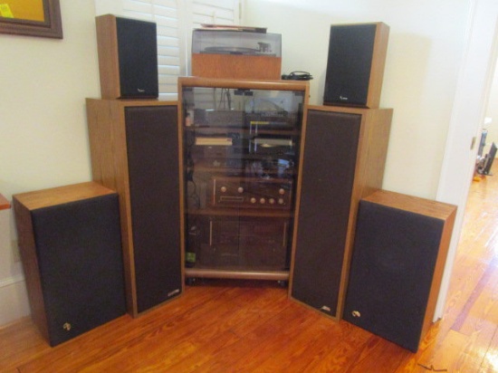 Corner Lot of Stereo Components, Speakers and Cabinet
