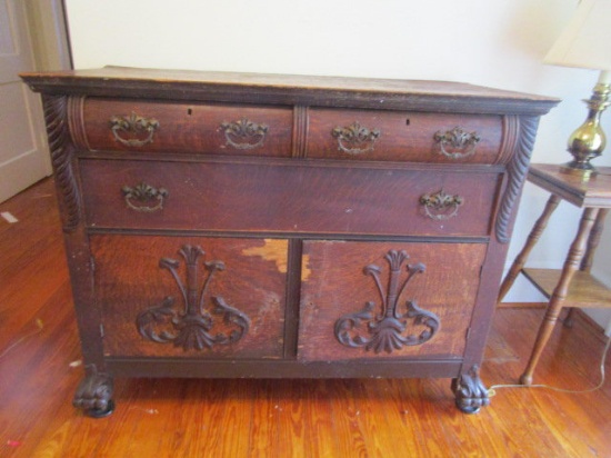Antique Tiger Oak Three Drawer, Two Door Server with Carved Appliques