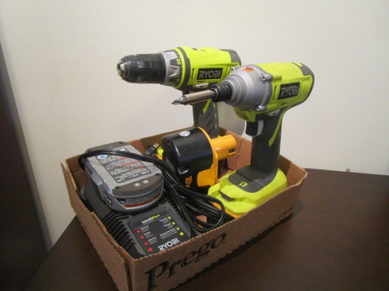 Two Ryobi 18v Lithium Rechargeable Drills, Charger and Four Batteries