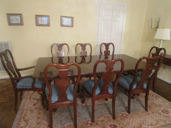 Double Pedestal Dining Table with Eight Chairs, Two Leaves and Pads