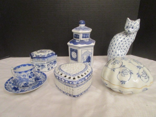 Three Blue and White Trinket Boxes, Cat, Cup and Saucer and Jar