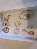 Sterling Silver Locket, Frog Pin, Earrings and Three Pendants