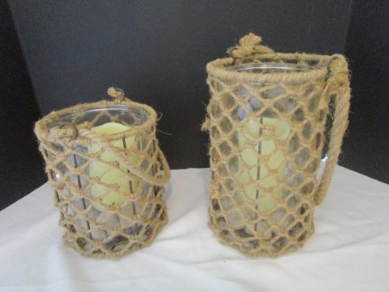 Two Glass Candleholder Vases with Rope Accent and Handle, LED Candles and Decorative Stones