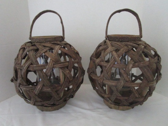 Pair of Woven Wood Containers with Glass Candle Holders and Wood Handles