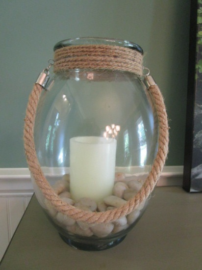 Clear Glass Vase with Rope Accent and Handle, LED Candle and Decorative Stones