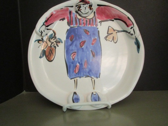 Painted Cartoon Woman on Pottery Plate with Stand