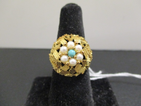 18k Gold Pearl & Turquoise Ring