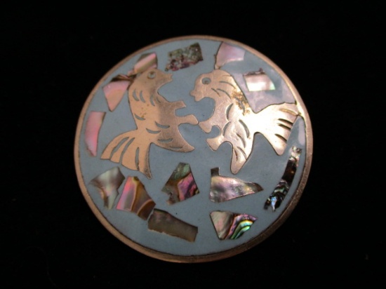 Enameled Sterling Silver Pendant/Brooch with Mother of Pearl Inlay