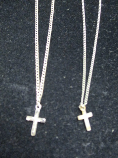 2 Sterling Silver Necklaces w/ Small Cross Pendants