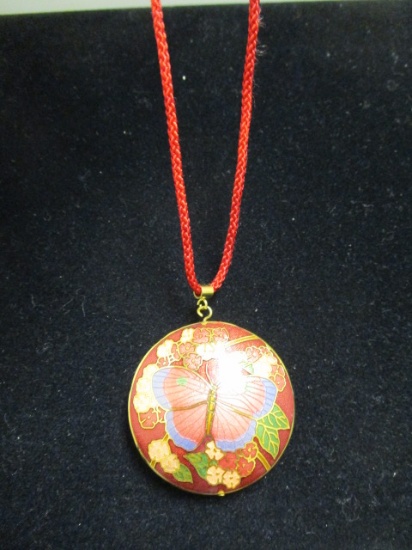 Cloisonne Style Butterfly Pendant on Red Rope Necklace