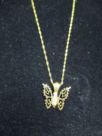 14k Gold Butterfly w/ Diamonds Pendant on 16" 14k Gold Chain