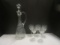 Clear Glass Etched Decanter and Five Sherry Glasses