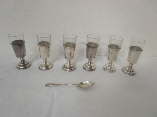 Six Cordials with Sterling Silver Holders and Small Spoon