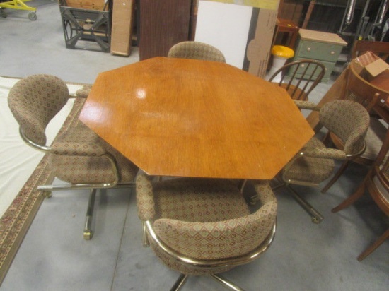 Beveled Smoke Glass Table with Brass Base, 4 Rolling Chairs and Wood Table Cover
