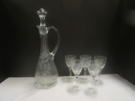 Clear Glass Etched Decanter and Five Sherry Glasses