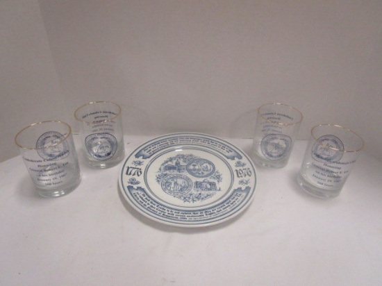 Four Confederate Colonels Club Highball Glasses and Wood & Sons NC Bicentennial Plate