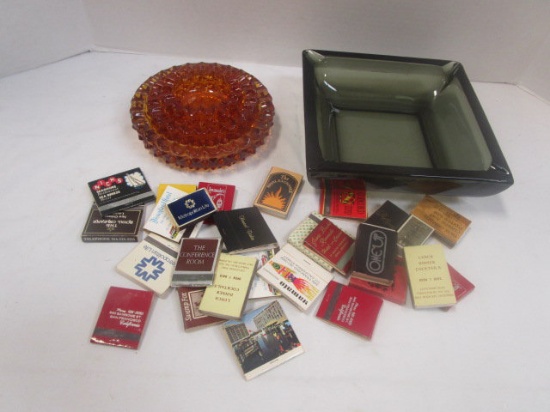 Nesting Ashtrays, Smoke Glass Ashtray and Matchbooks