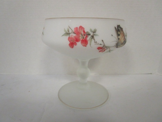 Satin Glass Compote with Hand Painted Butterfly Design