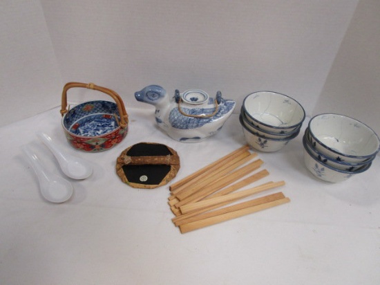Oriental Noodle Bowls, Chop Sticks, Tea Pot, etc.
