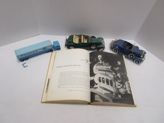 Two Metal Hubley Roadster Style Cars, Winross Global Transfer Truck and